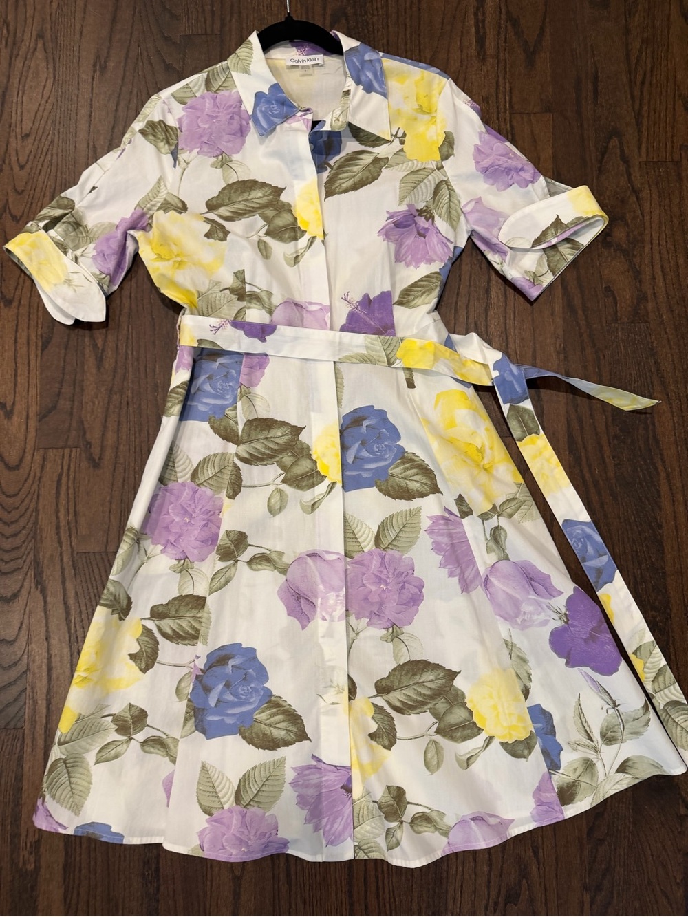 Calvin Klein White Midi Shirt Dress with Yellow Purple Blue Floral Print